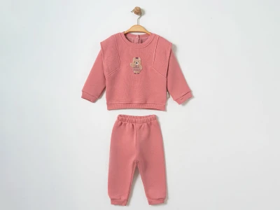 Toptan ÇITIR KİDS Ayıcık Nakışlı Şardonlu 3 İp Kız Bebek Takım PEMBE - Beniz Bebe