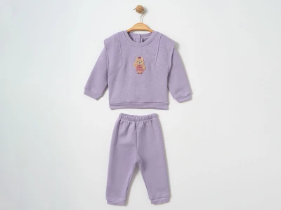 Toptan ÇITIR KİDS Ayıcık Nakışlı Şardonlu 3 İp Kız Bebek Takım LİLA - Beniz Bebe