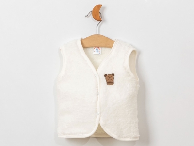 Toptan AYYILDIZ BEBE Ayıcık Nakışlı Unisex Peluş Bebe Yelek Cream - Beniz Bebe