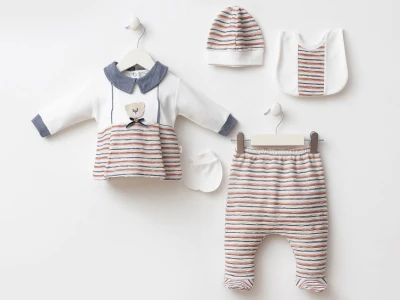 Toptan MİNİZEYN Ayıcık Nakışlı Yakalı Erkek Bebe Hastane Çıkışı 5'li Set  - Toptan Çocuk Giyim Beniz Kids