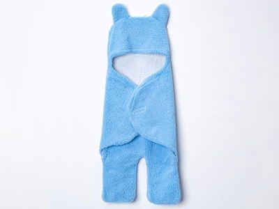 Toptan DENİTO Ayıcık Şapkalı Kuzu Unisex Bebe Kundak  Light Blue - Beniz Bebe