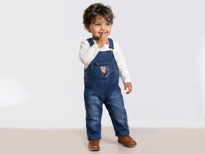 Ayıcık nakışlı Erkek Bebek İkili Kot Salopet Set