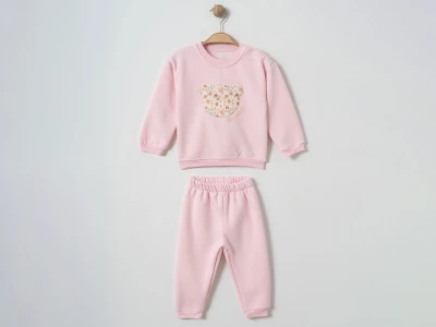 Toptan ÇITIR KİDS Ayıcık nakışlı Şardonlu 3 İp Kız Bebek Takım PEMBE - Beniz Bebe