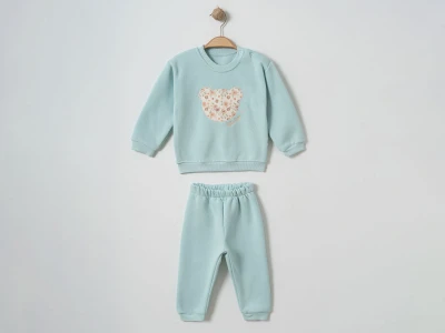 Toptan ÇITIR KİDS Ayıcık nakışlı Şardonlu 3 İp Kız Bebek Takım TURKUAZ - Beniz Bebe
