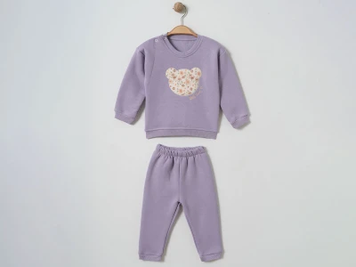 Toptan ÇITIR KİDS Ayıcık nakışlı Şardonlu 3 İp Kız Bebek Takım LİLA - Beniz Bebe