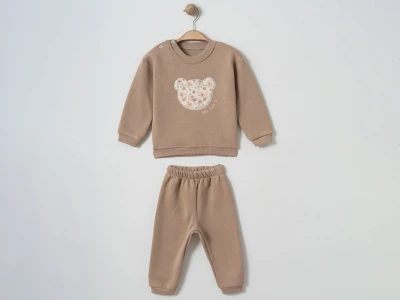Toptan ÇITIR KİDS Ayıcık nakışlı Şardonlu 3 İp Kız Bebek Takım KAHVERENGİ - Beniz Bebe