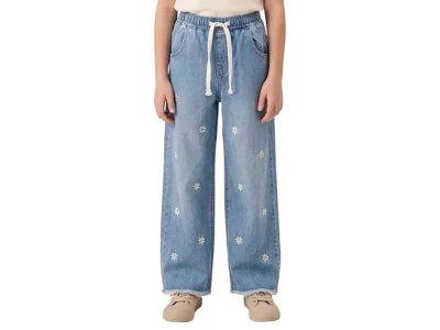 Toptan SLM Papatya Nakışlı Kız Çocuk Kot Pantolon - Toptan Çocuk Giyim Beniz Kids