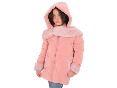 Toptan ROBİN Baklava Desenli Cepli Fermuarlı Kapşonlu Kız Mont   - Toptan Çocuk Giyim Beniz Kids