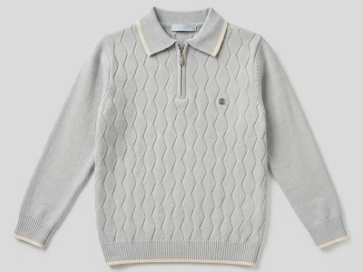 Toptan METEX Baklava Desenli Fermuarlı Triko Erkek Sweat  Grey - Beniz Bebe