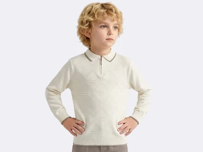 Toptan METEX Baklava Desenli Fermuarlı Yakalı Triko Erkek Sweat  KREM - Beniz Bebe