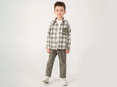 Toptan LESSOTTO Baklava Desenli Gömlekli Cepli Erkek Üçlü Takım  - Toptan Çocuk Giyim Beniz Kids