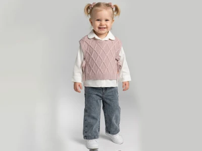 Toptan BEYAZ BEBEK Baklava Desenli Triko Yelekli Gömlekli Kız Bebe Takım - Toptan Çocuk Giyim Beniz Kids