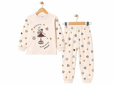 Toptan SÜPERMİNİ Balerin Baskılı Kız Çocuk Pijama Takımı Beige - Beniz Bebe
