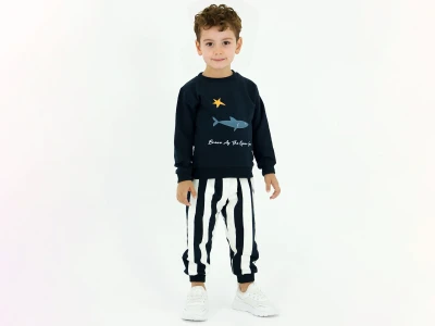 Toptan BICIR KİDS Balık Baskılı Çizgili Erkek Takım - Toptan Çocuk Giyim Beniz Kids
