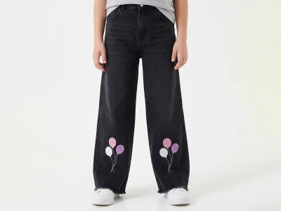 Toptan NAWİ Balon Nakışlı Kız Kot Pantolon - Toptan Çocuk Giyim Beniz Kids