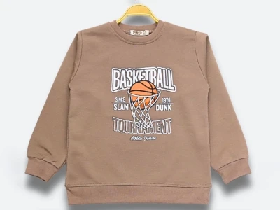 Toptan DIGIDIK KİDS Basketball Baskılı 2 İp Erkek Sweat  KAHVERENGİ - Beniz Bebe