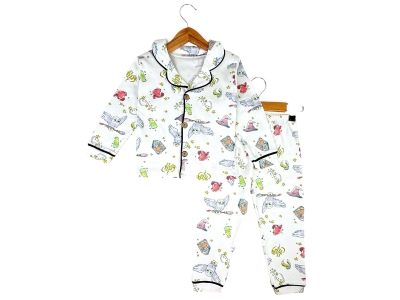 Baykuş Desenli Yakalı Düğmeli Kız Pijama Takım