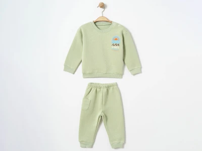 Toptan ÇITIR KİDS Beach Baskılı 3 İp Şardonlu Erkek Bebe Takım  FISTIKYEŞİLİ - Beniz Bebe