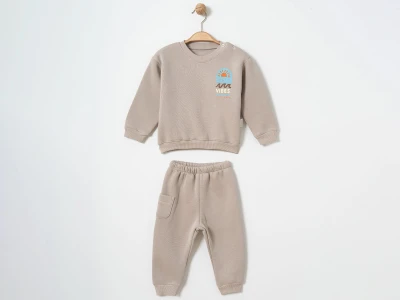 Toptan ÇITIR KİDS Beach Baskılı 3 İp Şardonlu Erkek Bebe Takım  KOYUKAHVE - Beniz Bebe