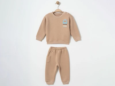 Toptan ÇITIR KİDS Beach Baskılı 3 İp Şardonlu Erkek Bebe Takım  KAHVERENGİ - Beniz Bebe