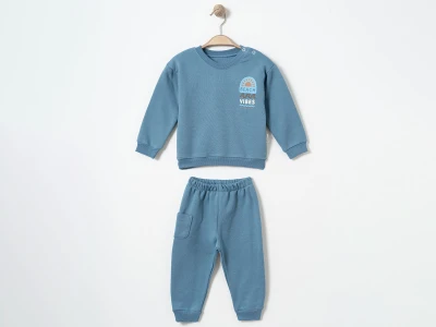 Toptan ÇITIR KİDS Beach Baskılı 3 İp Şardonlu Erkek Bebe Takım  MAVİ - Beniz Bebe