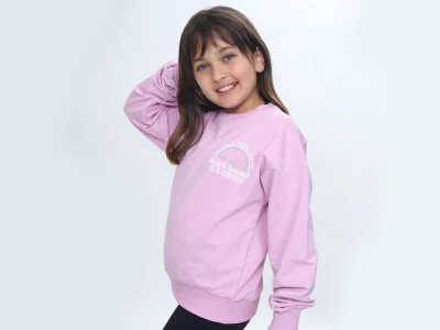 Toptan VIZVIZ Beach Bound Baskılı 2 İp Kız Sweat  PEMBE - Beniz Bebe