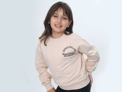 Toptan VIZVIZ Beach Bound Baskılı 2 İp Kız Sweat  BEJ - Beniz Bebe