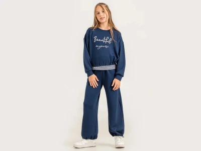 Toptan ÖZ BEBE Beautiful Baskılı Crop Üçlü Kız Takım  - Toptan Çocuk Giyim Beniz Kids