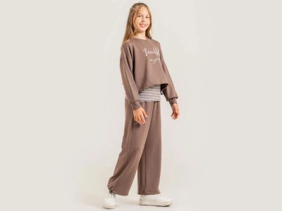 Toptan ÖZ BEBE Beautiful Baskılı Crop Üçlü Kız Takım  KAHVERENGİ - Beniz Bebe