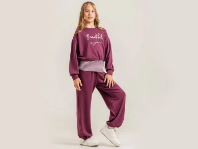 Toptan ÖZ BEBE Beautiful Baskılı Crop Üçlü Kız Takım  MÜRDÜM - Beniz Bebe