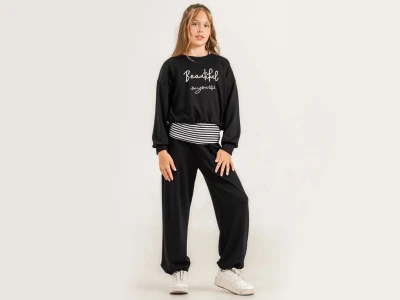 Toptan ÖZ BEBE Beautiful Baskılı Crop Üçlü Kız Takım  SİYAH - Beniz Bebe