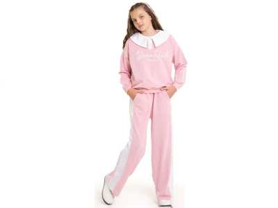Toptan COOL KİDS Beautiful Baskılı Yakalı Düğmeli Kız Takım  - Toptan Çocuk Giyim Beniz Kids