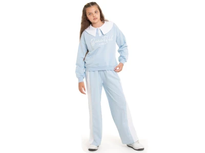 Toptan COOL KİDS Beautiful Baskılı Yakalı Düğmeli Kız Takım  Light Blue - Beniz Bebe