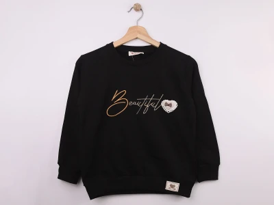 Toptan STAR FİLE Beautiful Nakışlı Fiyonklu Kız Sweat  SİYAH - Beniz Bebe