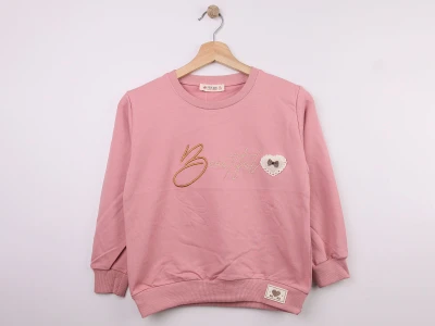 Toptan STAR FİLE Beautiful Nakışlı Fiyonklu Kız Sweat  PEMBE - Beniz Bebe
