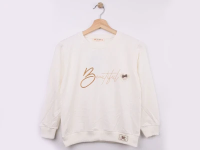 Toptan STAR FİLE Beautiful Nakışlı Fiyonklu Kız Sweat  BEYAZ - Beniz Bebe
