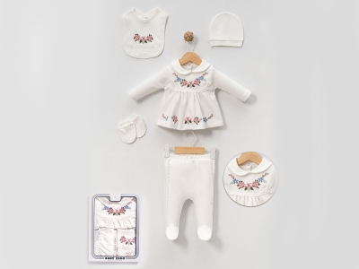 Toptan BABY ZUHU Bebe Yakalı Nakışlı 5li Kız Hastane Çıkışı Zıbın Set - Toptan Çocuk Giyim Beniz Kids