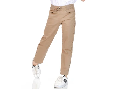 Bej Renk Düz Paça Unisex Keten Okul Pantolon 