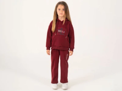 Toptan LUMİİ Bella Baskılı Kanguru Cepli 3 İp Şardonlu Kız Takım  Burgundy - Beniz Bebe