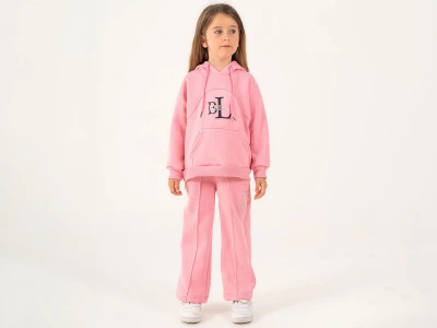 Toptan LUMİİ Bella Baskılı Kanguru Cepli 3 İp Şardonlu Kız Takım  Pink - Beniz Bebe
