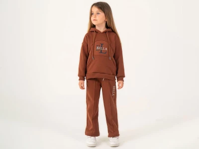 Toptan LUMİİ Bella Baskılı Kanguru Cepli 3 İp Şardonlu Kız Takım  Dark Coffee - Beniz Bebe