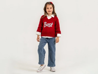 Toptan PAMPAL KİDS Best Baskılı Trikolu Üçlü Kız Takım - Toptan Çocuk Giyim Beniz Kids