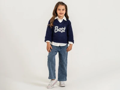 Toptan PAMPAL KİDS Best Baskılı Trikolu Üçlü Kız Takım LACİVERT - Beniz Bebe