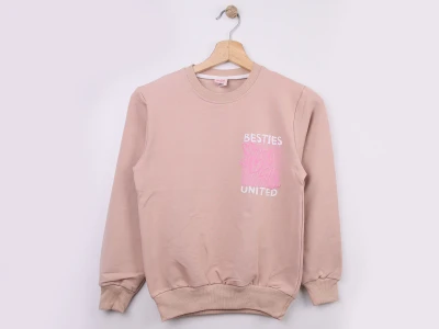 Toptan WENGE KİDS Besties Baskılı Kız Sweat   Beige - Beniz Bebe