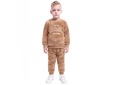 Toptan LİZARD Born To Be Nakışlı Well Soft Peluş Erkek Takım  KAHVERENGİ - Beniz Bebe
