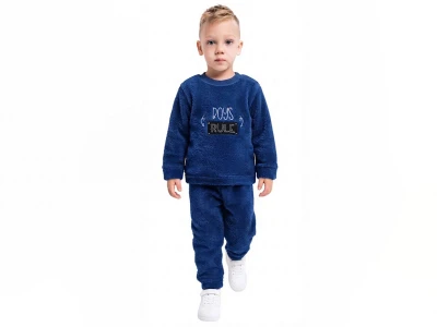Toptan LİZARD Boys Rule Nakışlı Well Soft Peluş Erkek Takım LACİVERT - Beniz Bebe