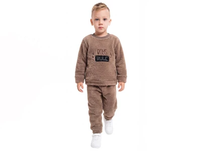Toptan LİZARD Boys Rule Nakışlı Well Soft Peluş Erkek Takım KAHVERENGİ - Beniz Bebe