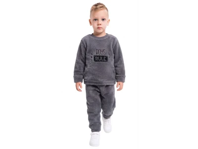 Toptan LİZARD Boys Rule Nakışlı Well Soft Peluş Erkek Takım FÜME - Beniz Bebe