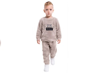 Toptan LİZARD Boys Rule Nakışlı Well Soft Peluş Erkek Takım BEJ - Beniz Bebe