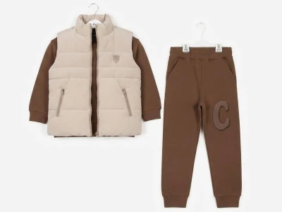 Toptan CMK C Baskılı Yelekli 3 İp Şardonlu Kız Takım  - Toptan Çocuk Giyim Beniz Kids